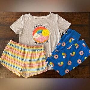 Cat & Jack 3 piece Pajama Set: short sleeve top, shorts, pants. Girls L 10/12